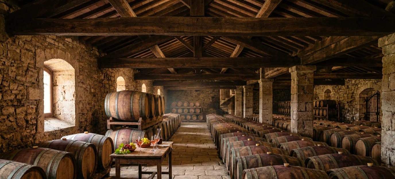 Intérieur d'un chai provençal, dégustation de vin rosé, circuit privé French Aix'ellence