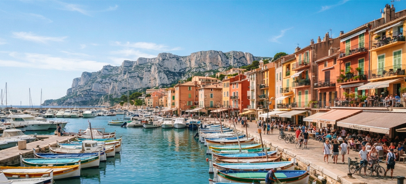 Port de Cassis, façades colorées et Cap Canaille