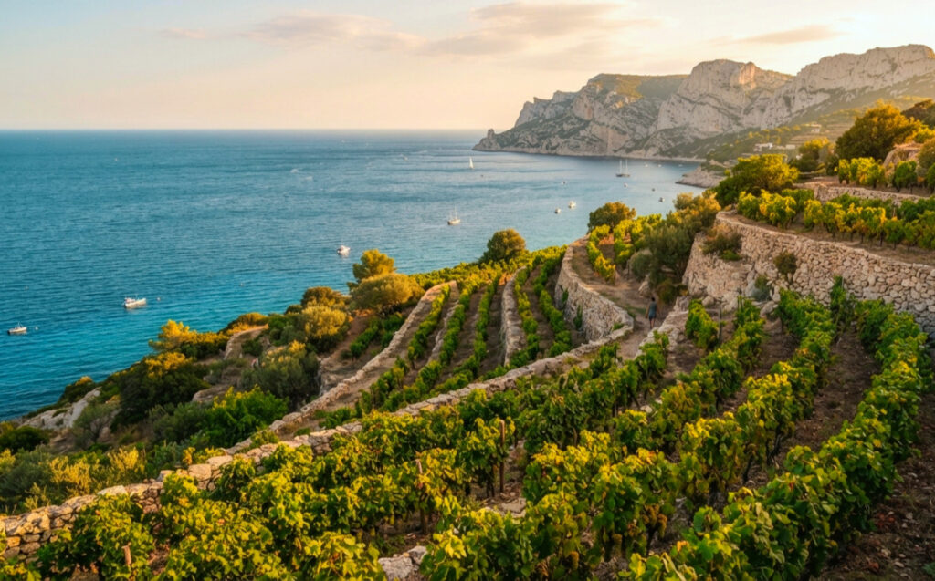 Vignoble de Cassis en restanques face à la mer